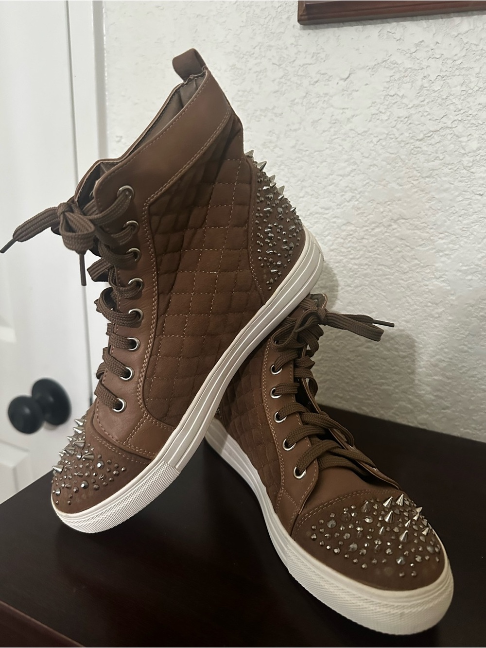 Brown Quilted High-Top Sneakers with Stud Detail